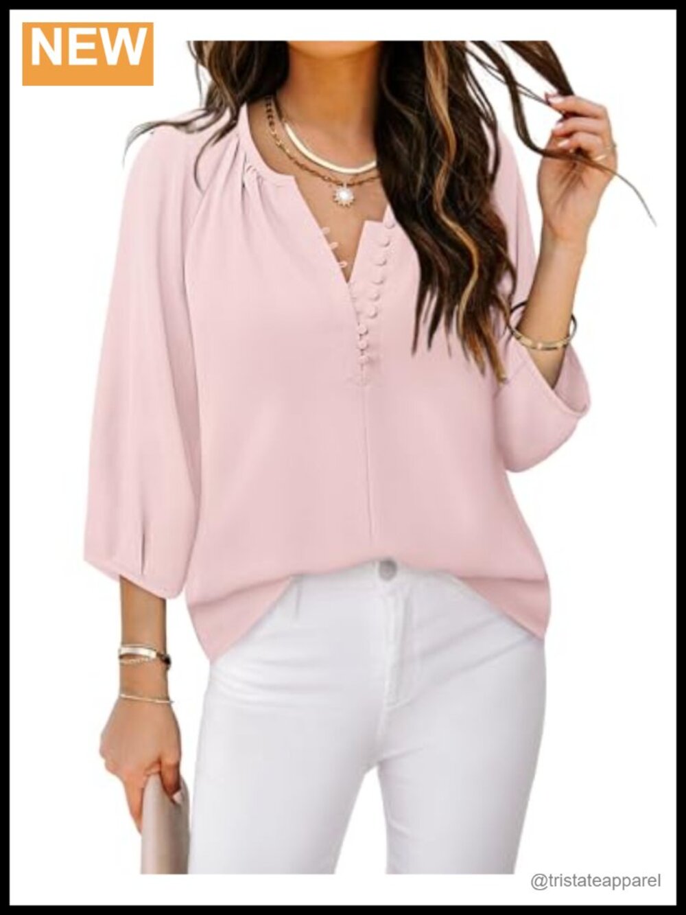 Womens Boho 3/4 Sleeve Blouse Button Down V Neck Chiffon Peasant Top